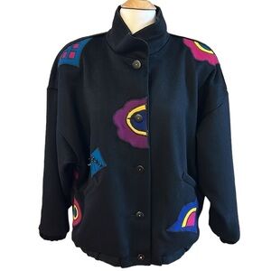 Marylou Ozbolt Storer 80’s Washed Wool Abstract Appliqué colorful jacket sz Med